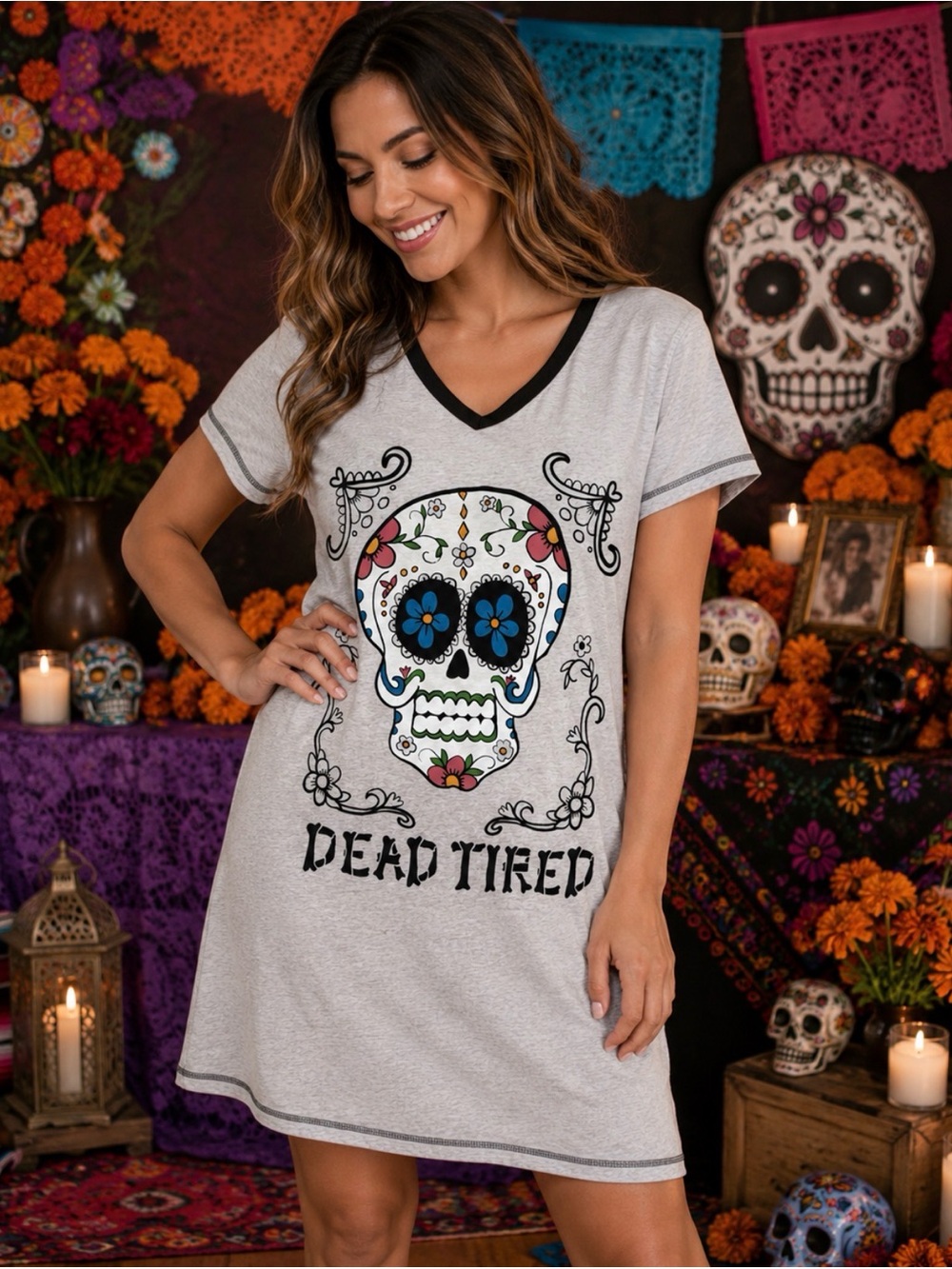 Lazy One Dead Tired Sugar Skull Graphic Sleep Tee Nightshirt NWT S/M